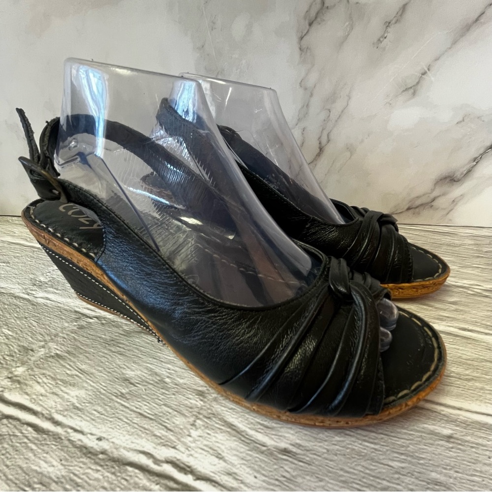 Cozy Black Leather Open Toe Slingback Wedge Sandal Shoes